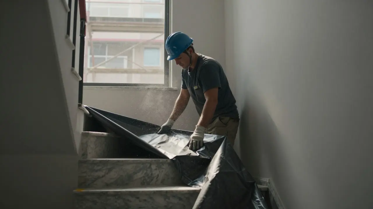 Trabajador protegiendo escaleras comunes durante obras en edificio
