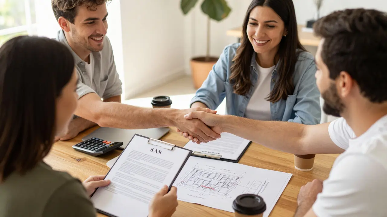 Tres amigos firmando un acuerdo de co-inversión inmobiliaria sobre una mesa con planos en una habitación iluminada.