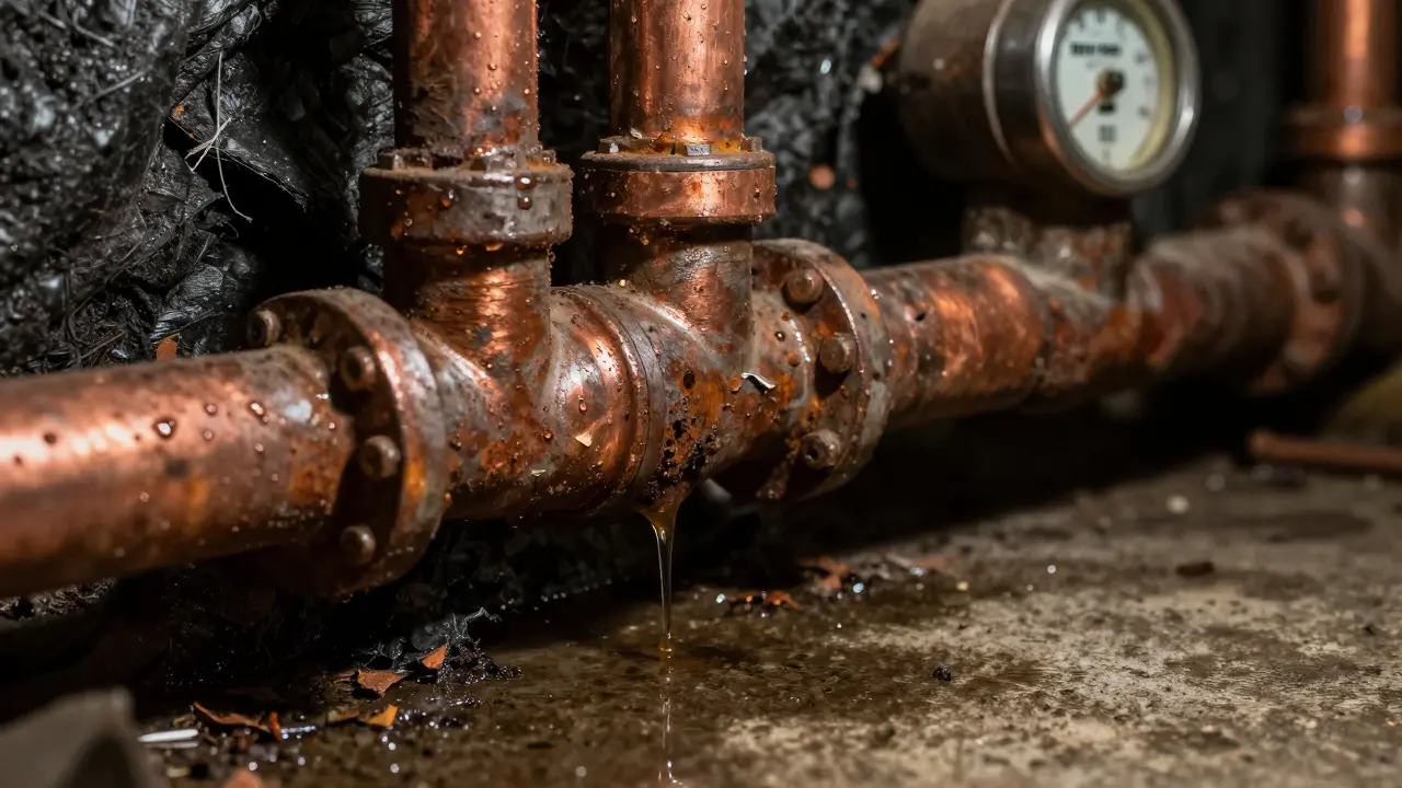 Tuberías viejas oxidadas con condensación y fuga activa en sótano