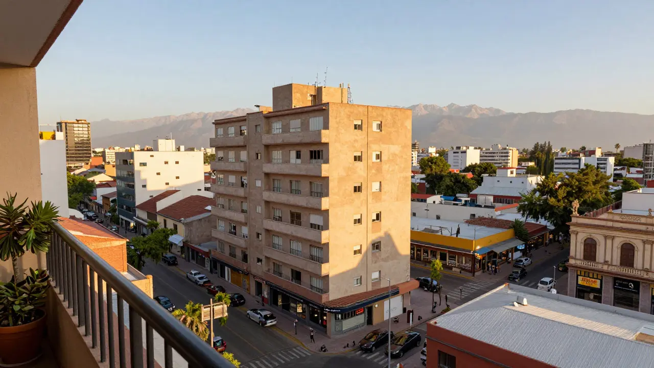 Vista desde balcón en centro de Mendoza mostrando vida urbana y montañas al fondo