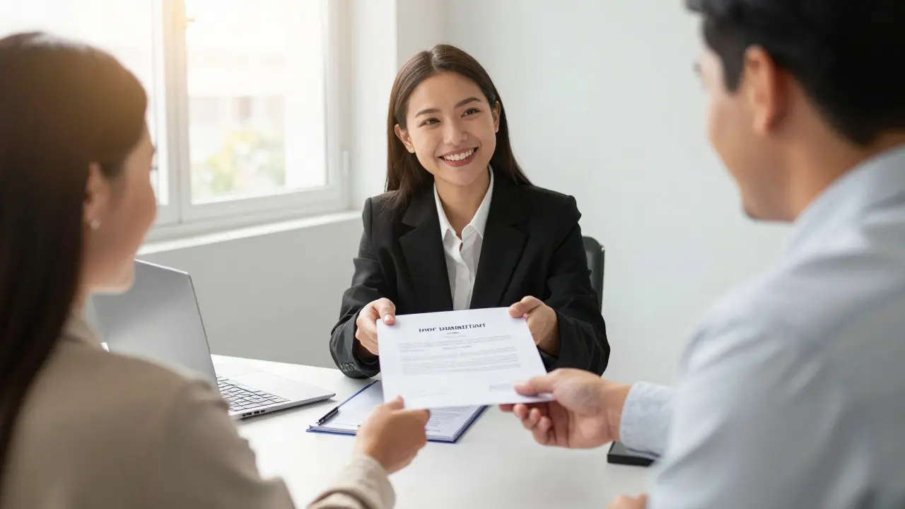 Abogado entregando certificado limpio a cliente aliviado en oficina