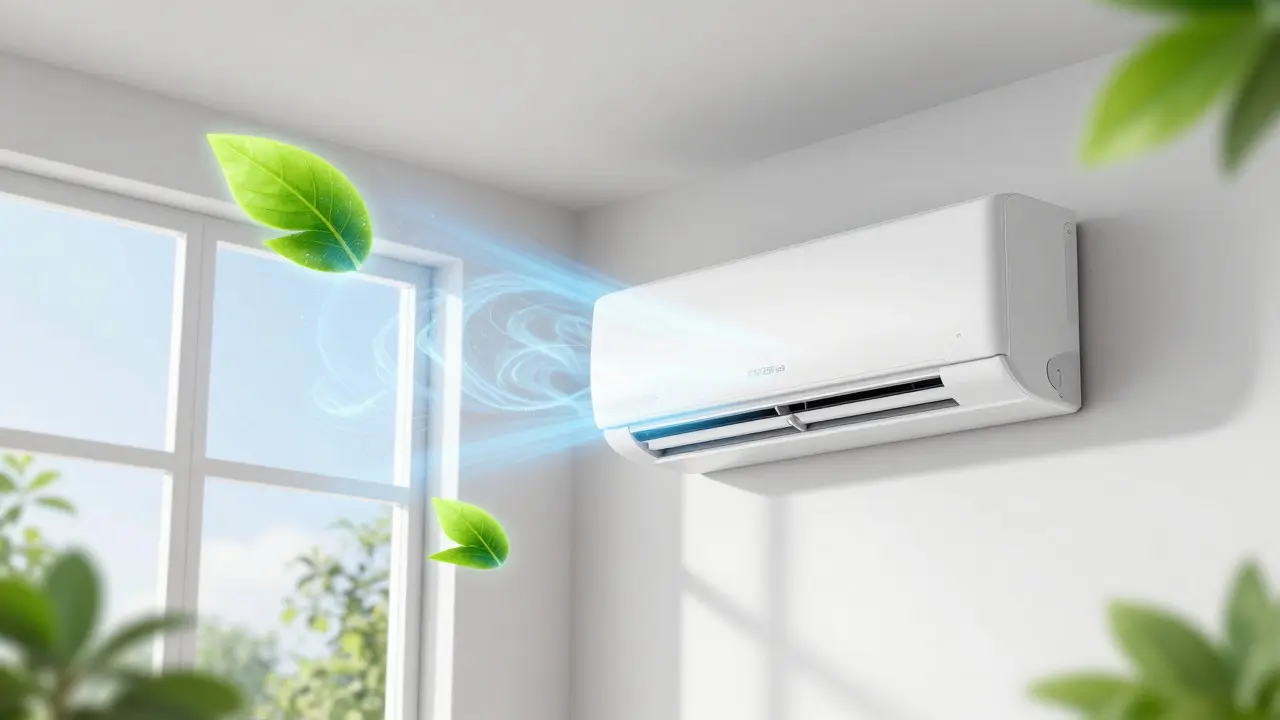 Aire acondicionado inverter moderno con flujo de aire frío y elementos verdes