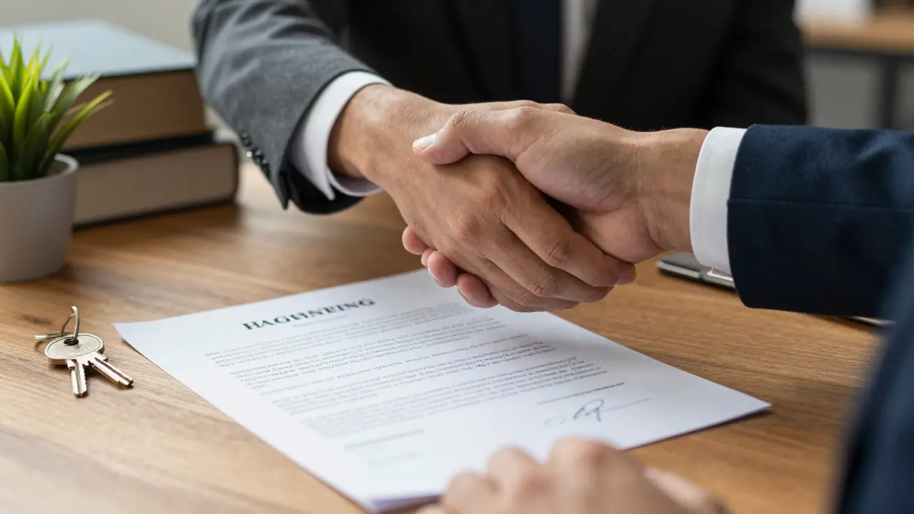 Apretón de manos sobre contrato firmado y llaves de casa