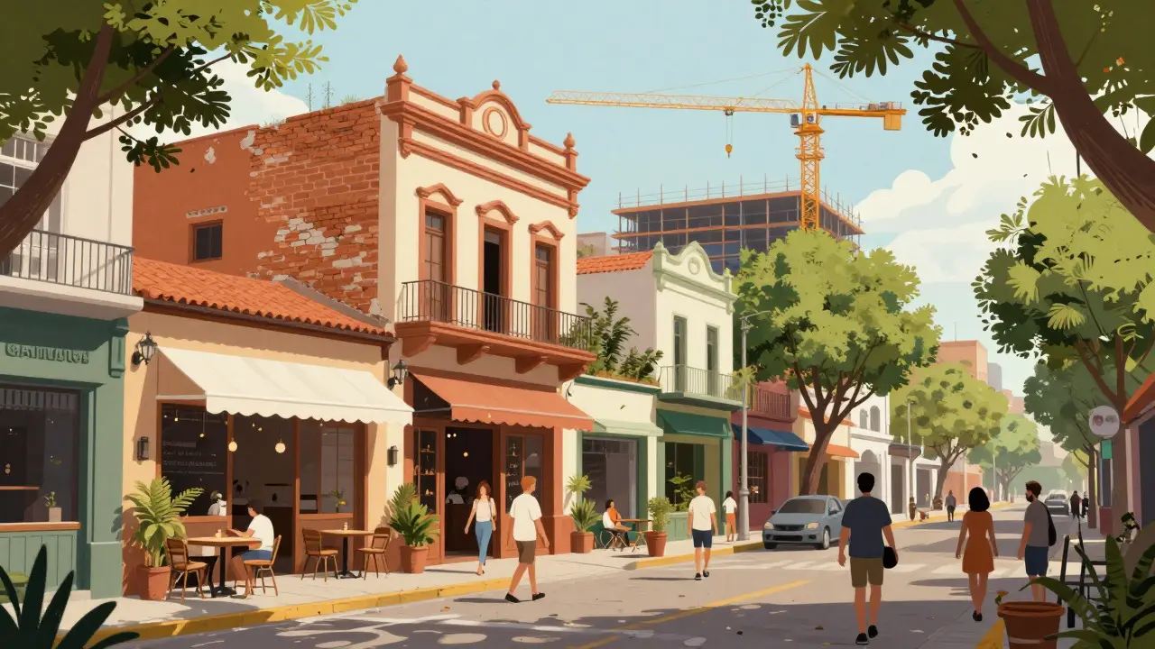 Calle vibrante en barrio emergente con cafés y obras en curso