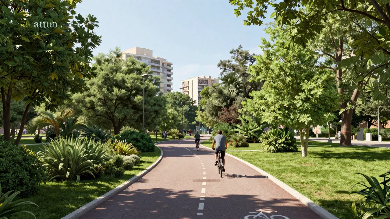 Ciclovía verde en Palermo Bosques conectando naturaleza urbana y edificios residenciales