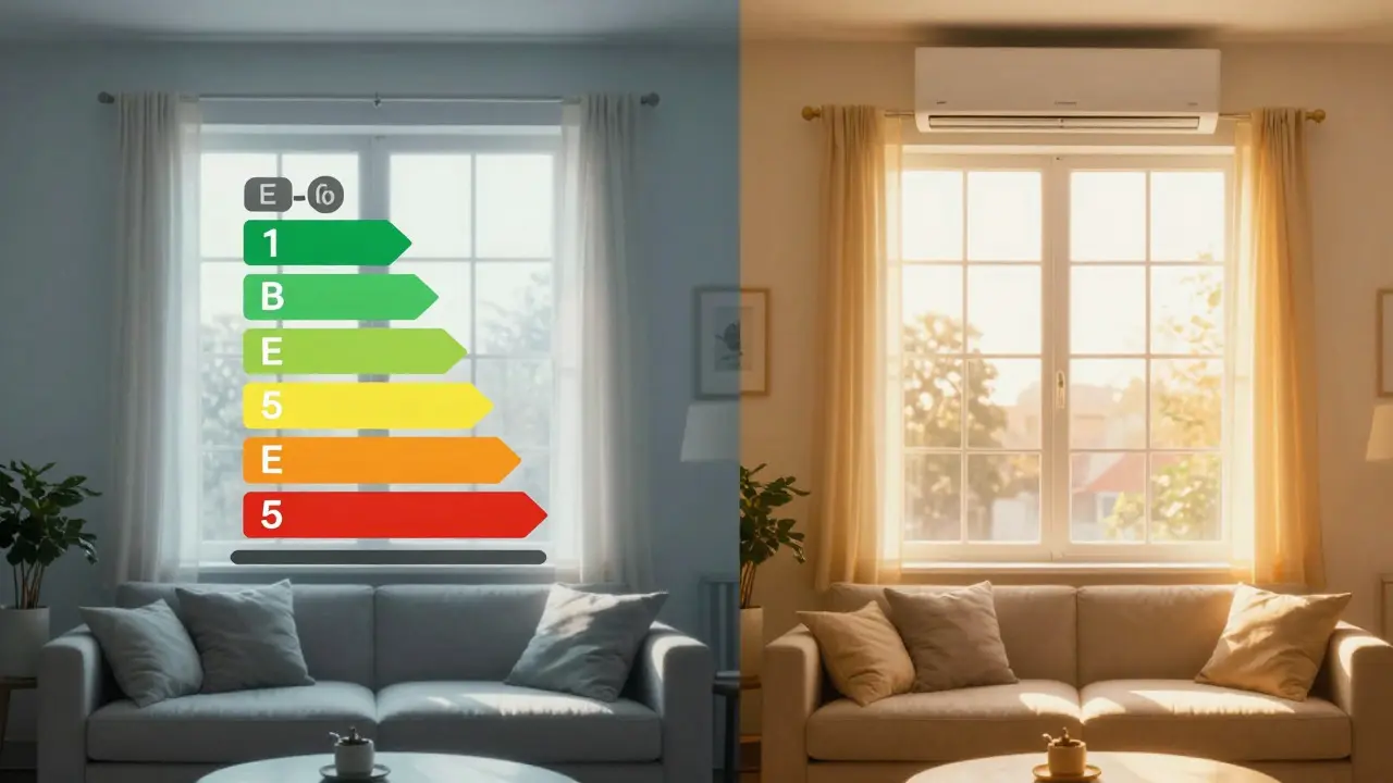 Comparación conceptual de interiores con luz suave del este y sol intenso del oeste