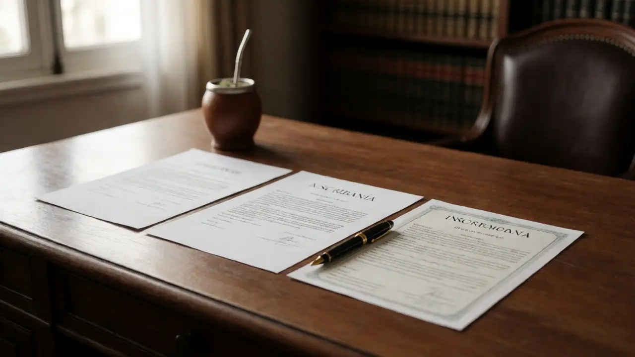 Documentos de escritura y mate sobre un escritorio de escribanía argentina.