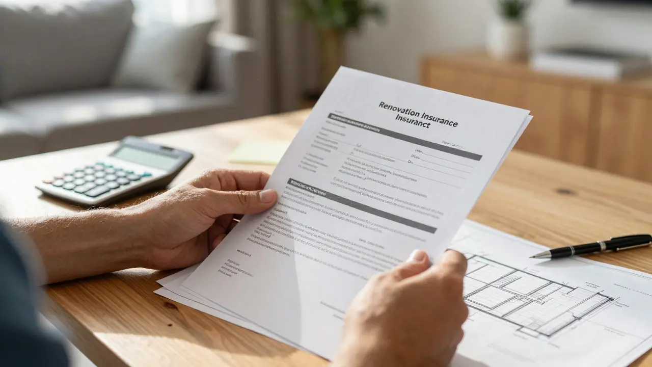Documentos de seguro y presupuestos sobre mesa para planificación de obra