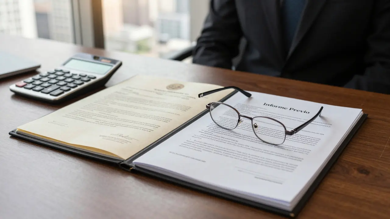 Documentos legales y cálculos fiscales sobre escritorio