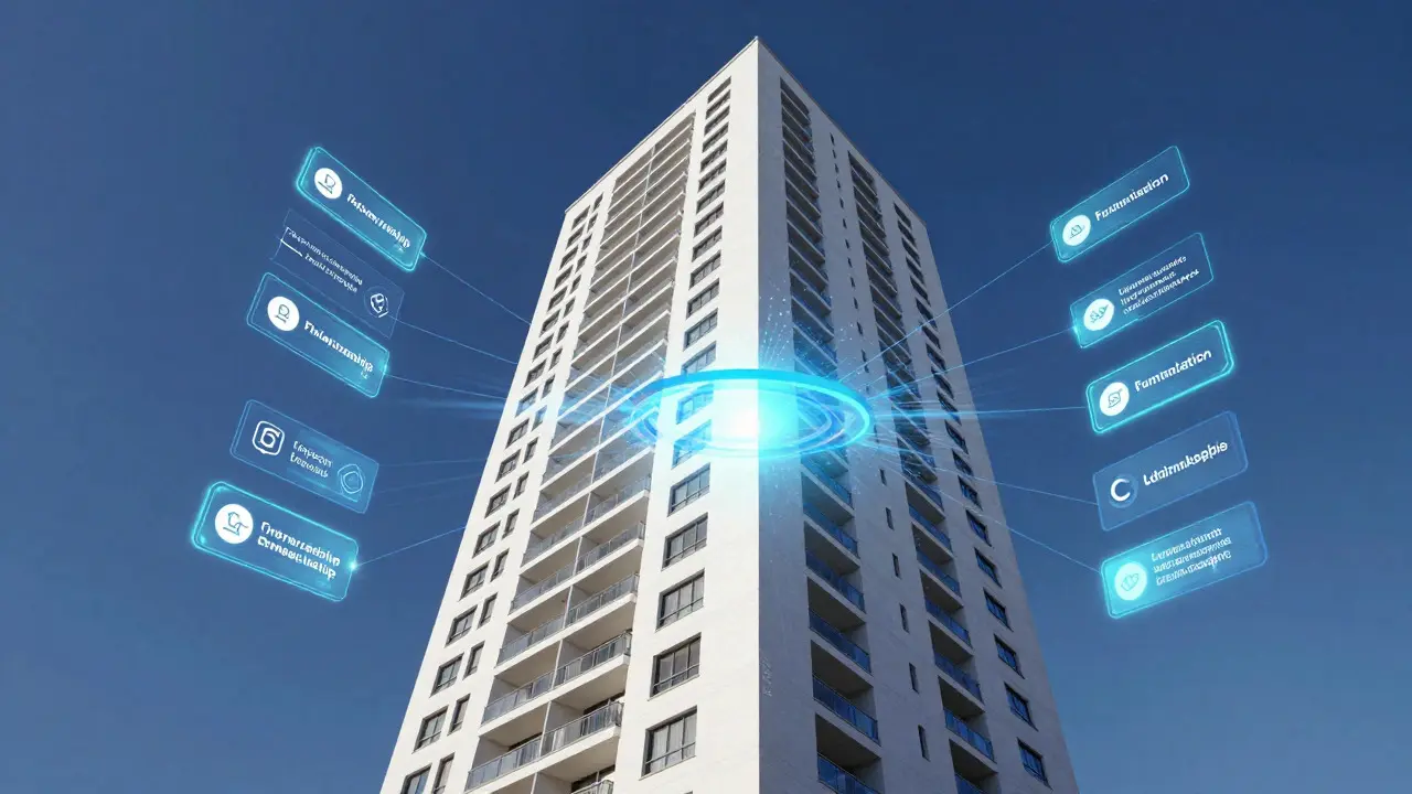 Edificio futurista en Buenos Aires descompuesto en tokens holográficos flotantes para propiedad fraccionada