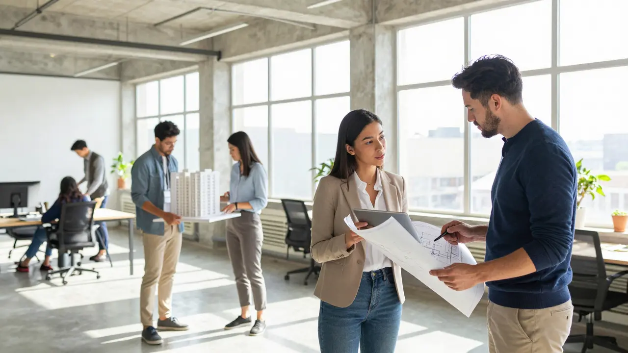 Equipo de profesionales revisando planos y datos en un espacio de trabajo