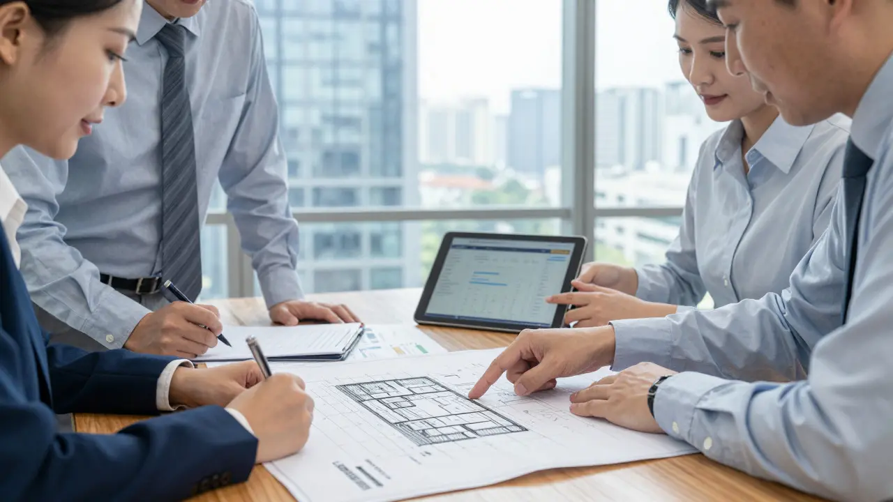 Equipo financiero revisando planos arquitectónicos en una oficina moderna con vista a la ciudad