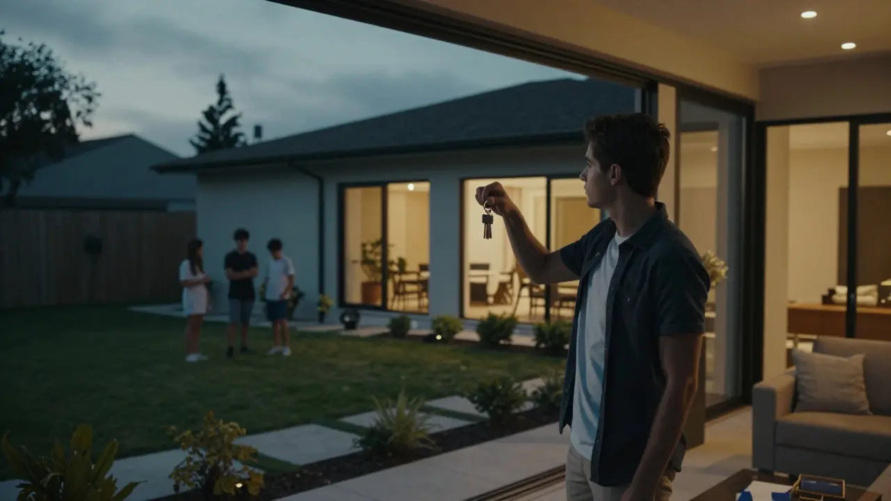 Hijo sosteniendo las llaves de su nueva casa al atardecer mientras otros familiares observan