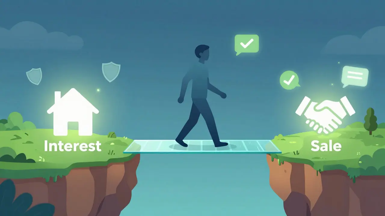 Illustration of a user crossing a glass bridge from interest to sale with trust symbols