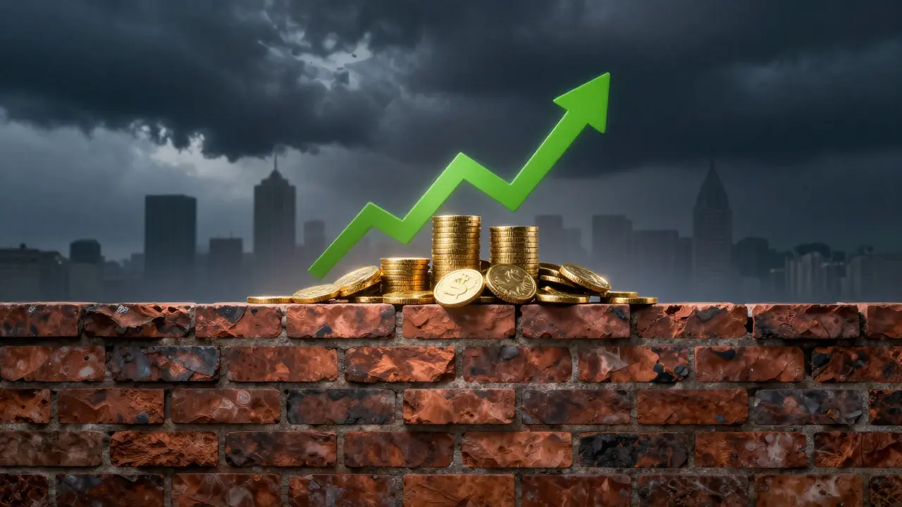 Ilustración conceptual de un muro de ladrillos resistente a la tormenta con monedas doradas