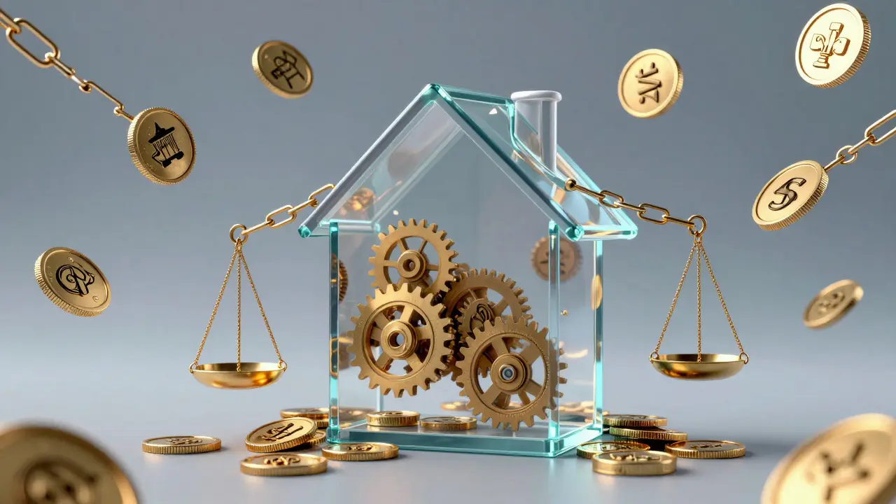 Ilustración conceptual de una casa con engranajes y monedas simbolizando costos legales