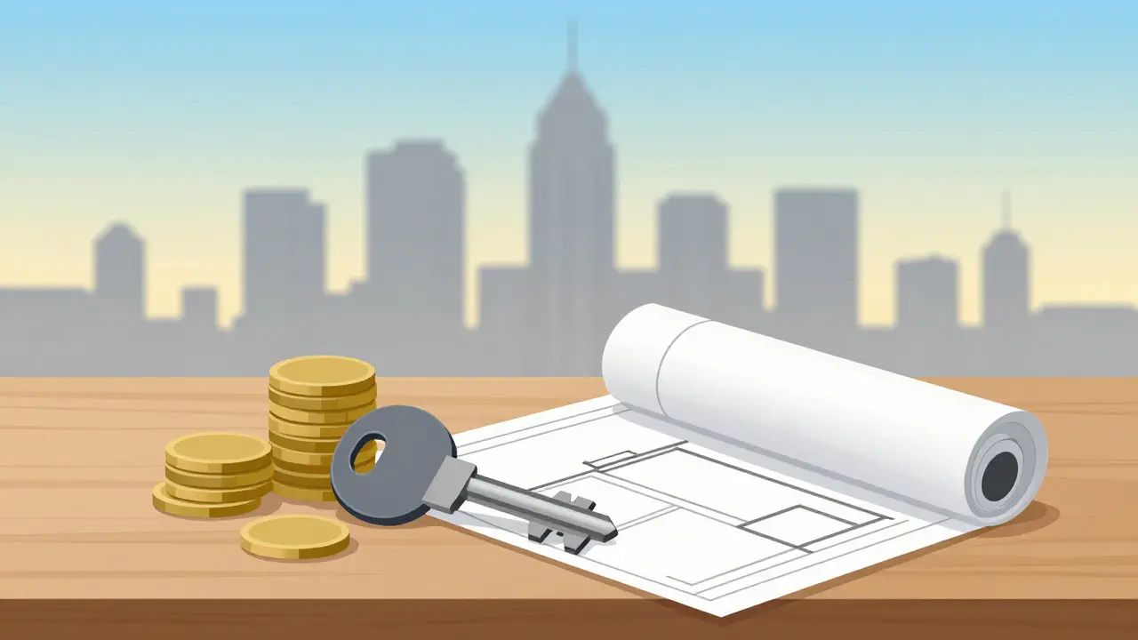 Ilustración conceptual de una llave y planos arquitectónicos simbolizando la inversión inmobiliaria
