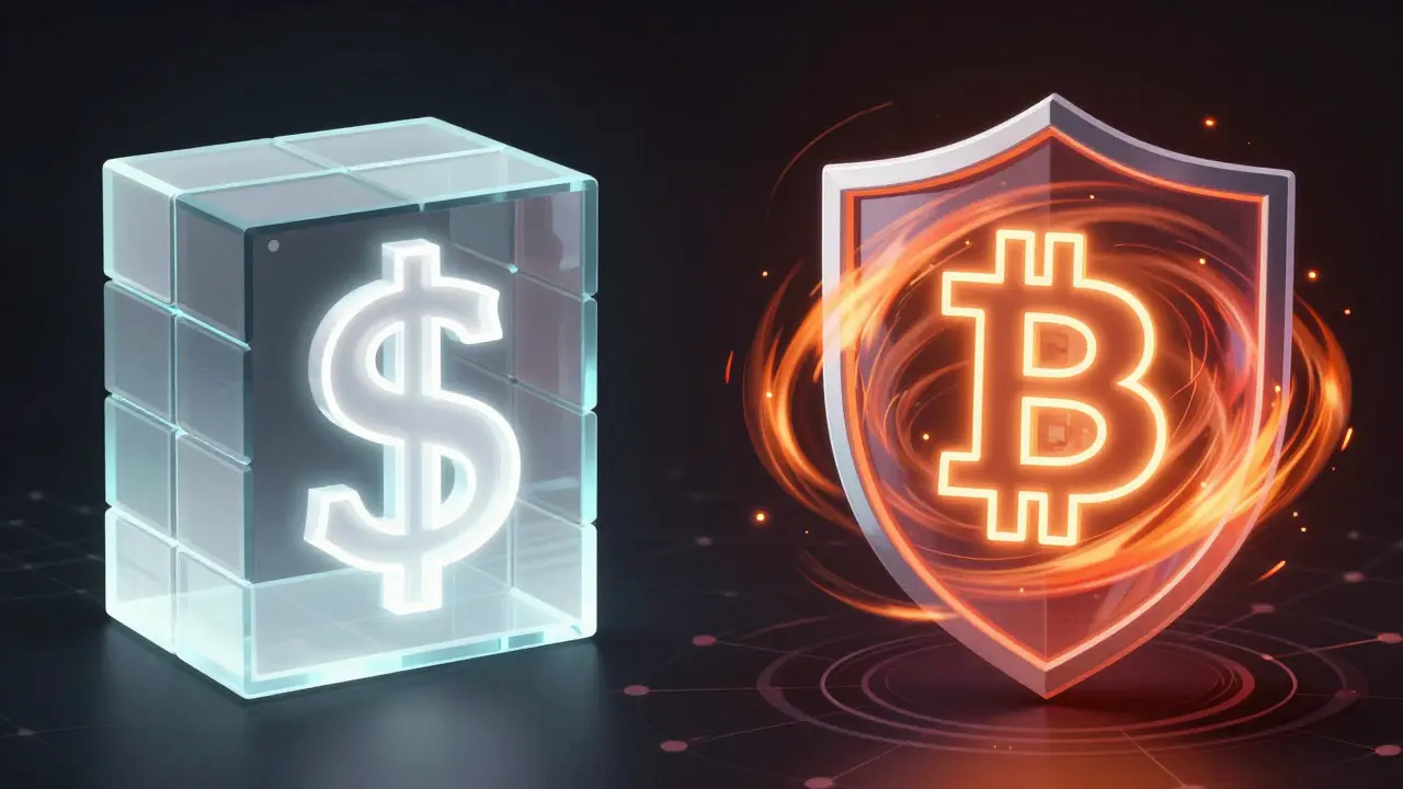 Ilustración conceptual que compara la estabilidad de las stablecoins con la volatilidad del Bitcoin