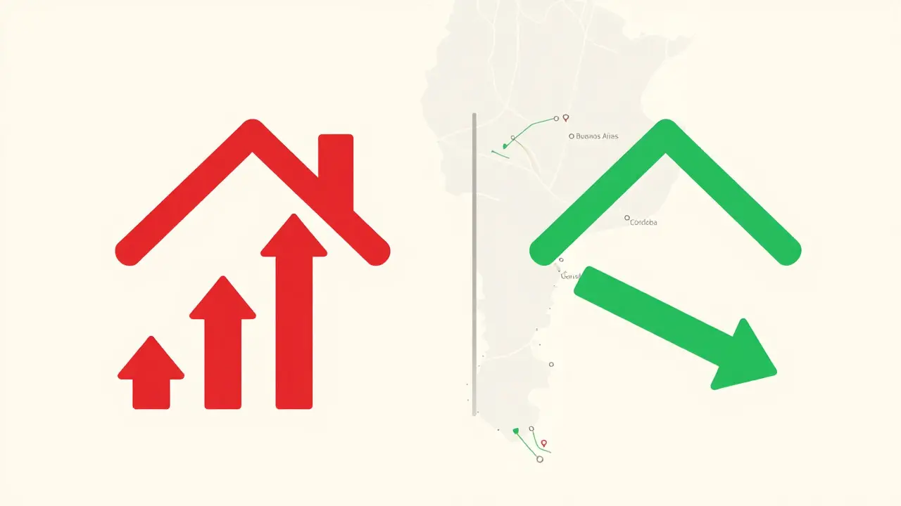 Ilustración conceptual que muestra la divergencia entre la inflación en pesos y el valor estable en dólares.