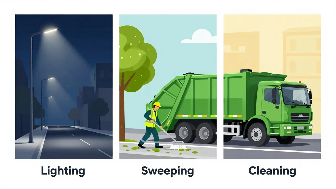 Ilustración de alumbrado, barrido y recolección de residuos urbanos
