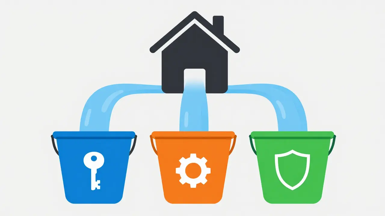Ilustración vectorial de una casa distribuyendo costos en tres categorías