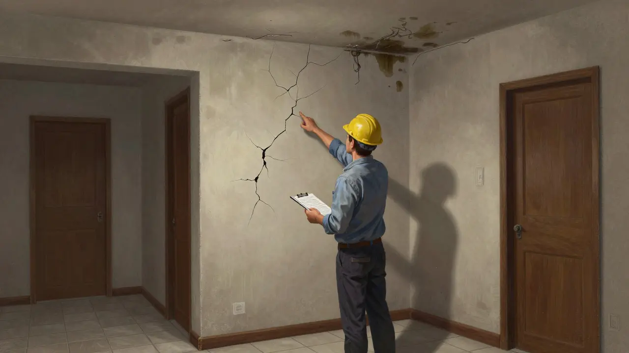 Ingeniero inspeccionando daños estructurales en propiedad