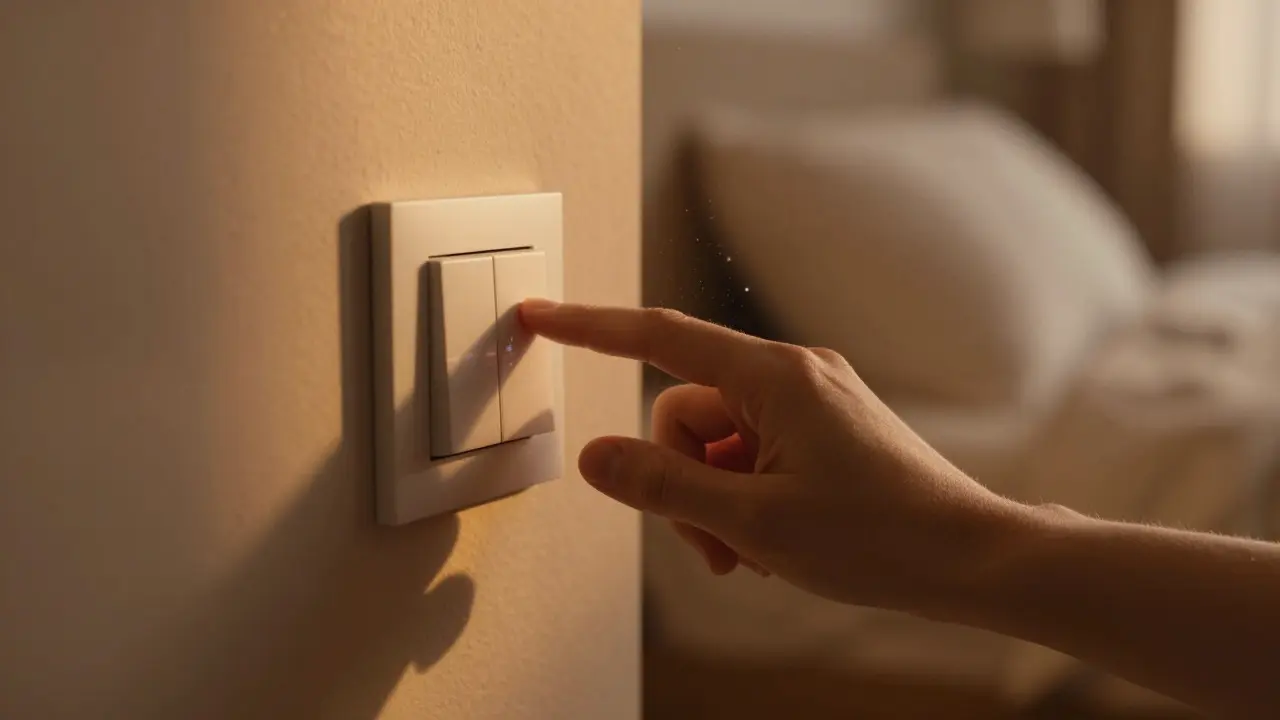 Mano ajustando interruptor inteligente en habitación con luz cálida nocturna