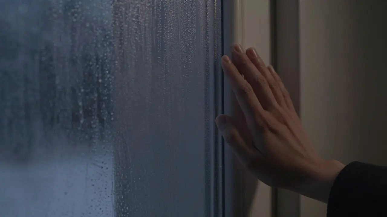 Mano tocando una pared fría con condensación en una habitación oscura
