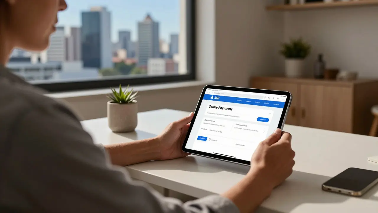 Persona pagando impuestos digitales tranquilamente en casa