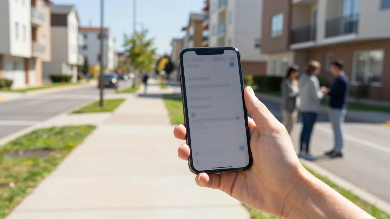 Persona revisando teléfono en una calle tranquila y segura