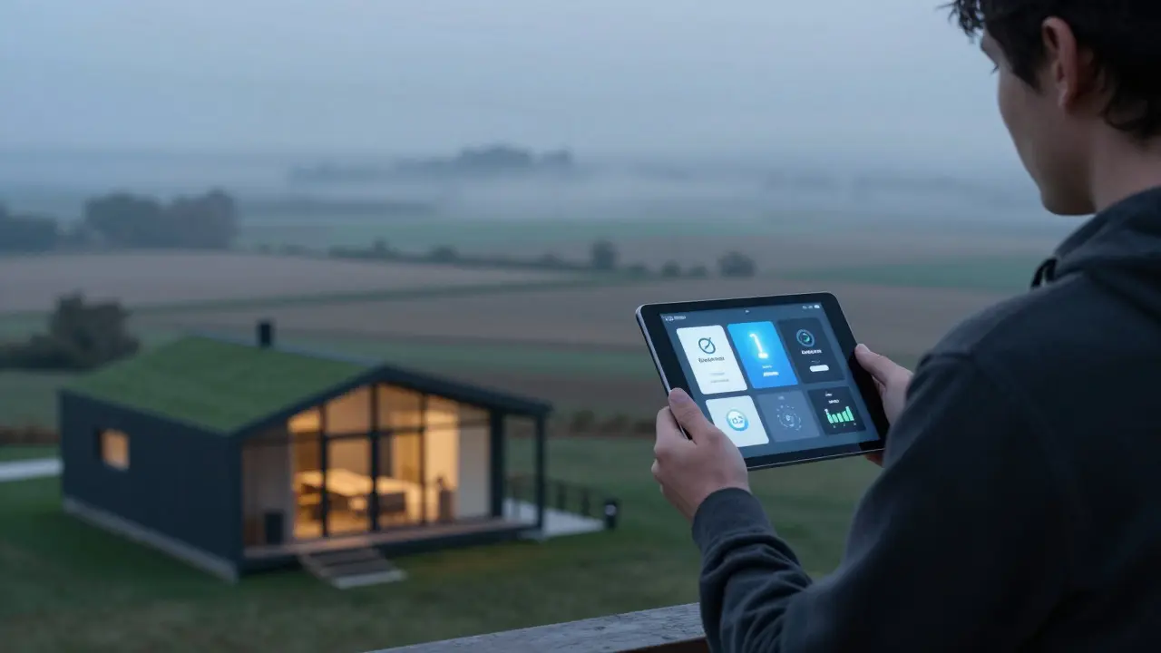 Persona usando tecnología inteligente en una quinta moderna rural