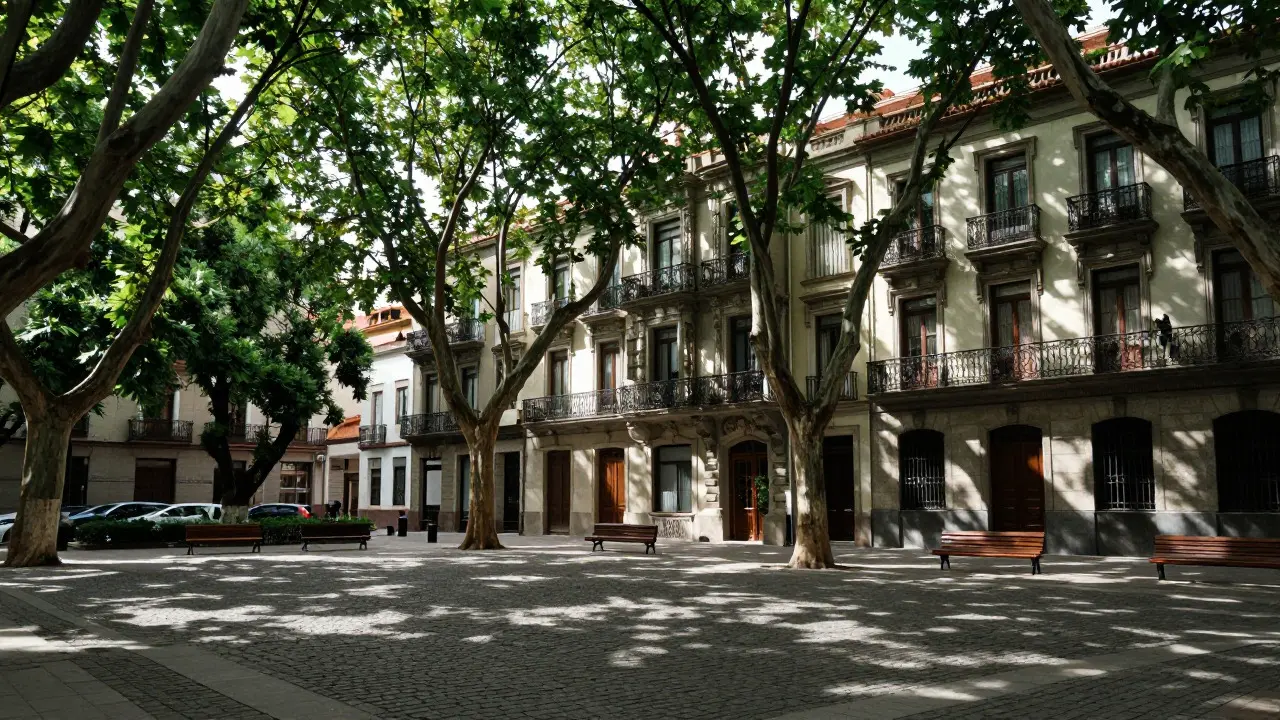 Plaza histórica en Belgrano con árboles centenarios y edificios de estilo francés