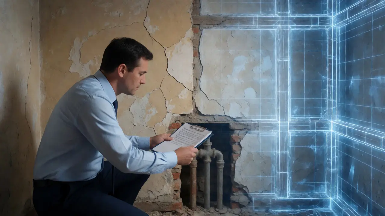 Tasador examinando pared con superposición de análisis estructural