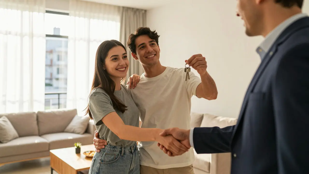 Una pareja joven recibe las llaves de su nuevo apartamento, representando la compra para vivienda propia.