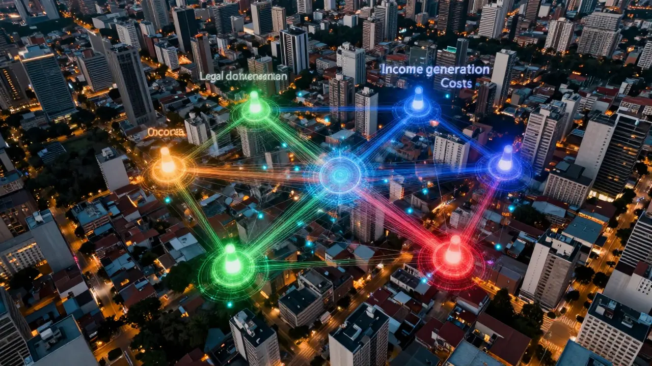 Vista aérea de ciudad con red digital superpuesta representando análisis financiero