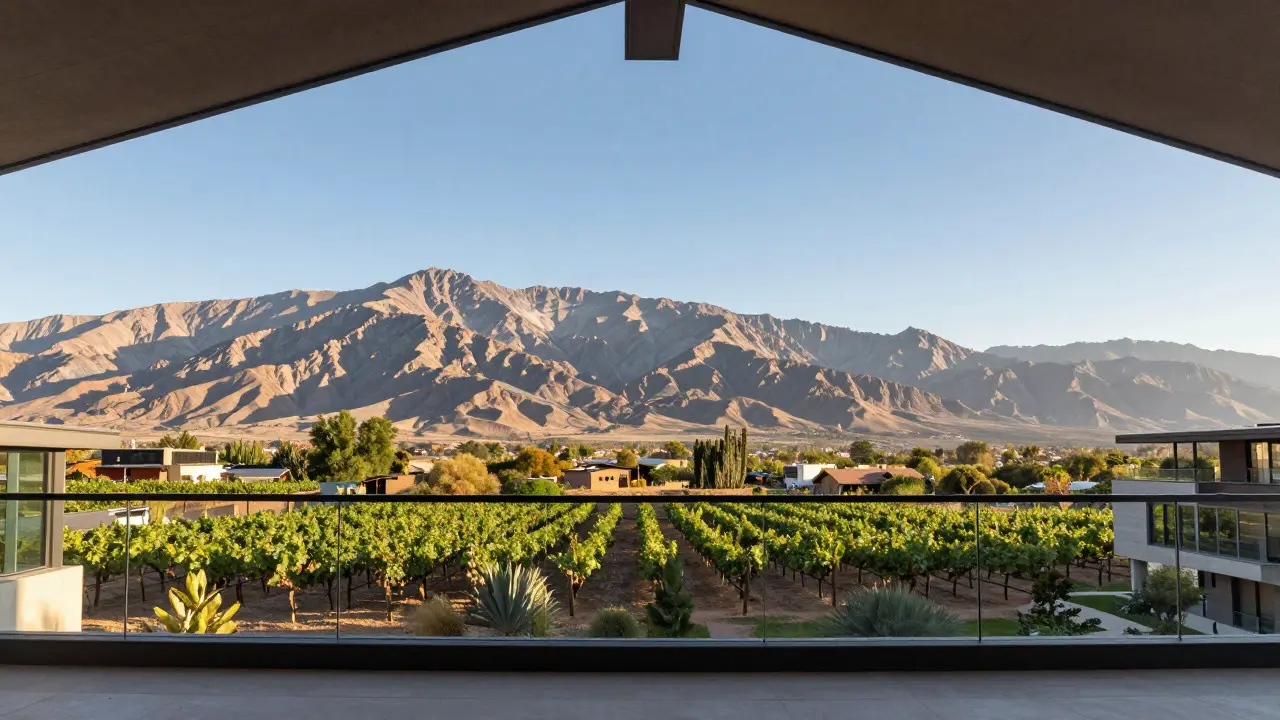 Vista despejada desde un balcón alto hacia los Andes y viñedos del Valle de Uco