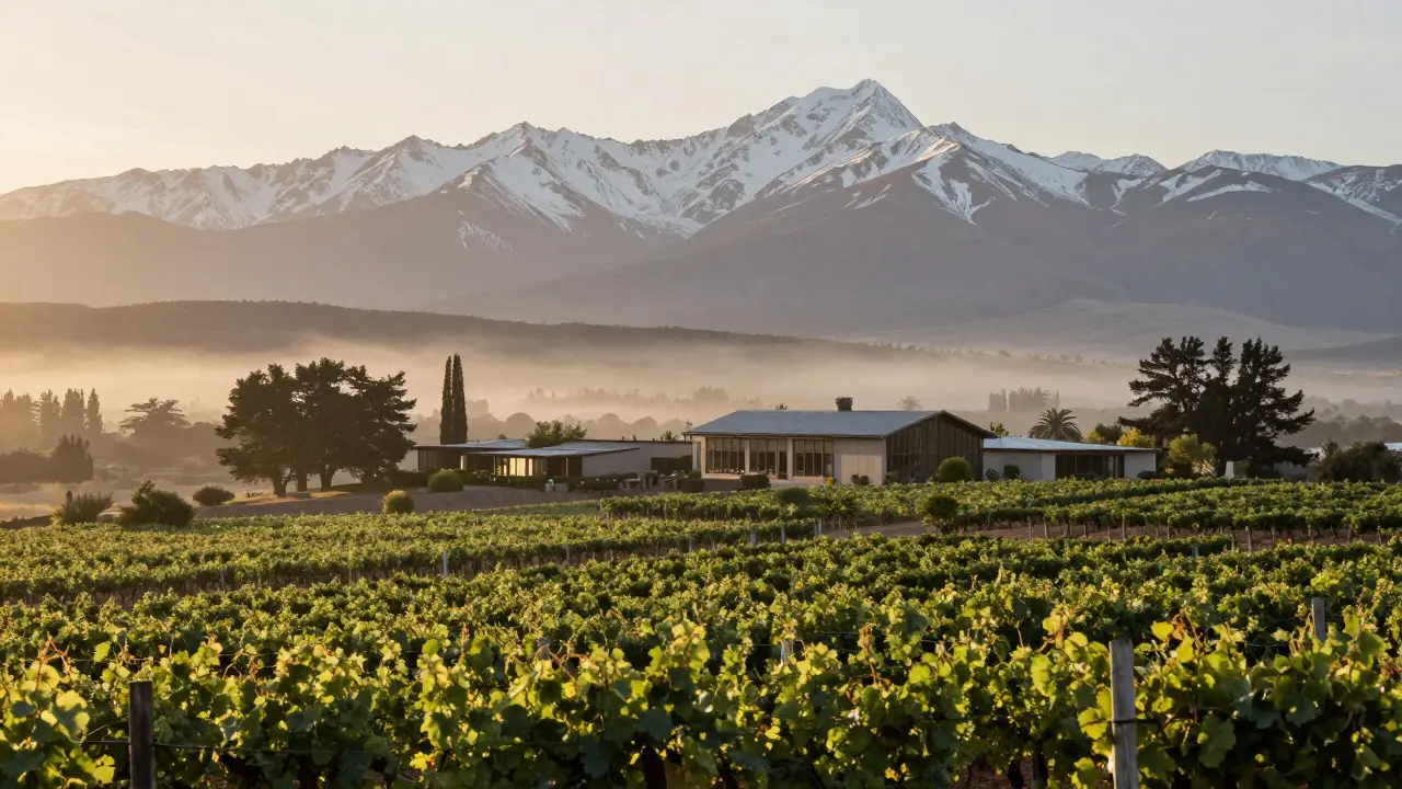 Vista panorámica de un viñedo y bodega en Mendoza al amanecer