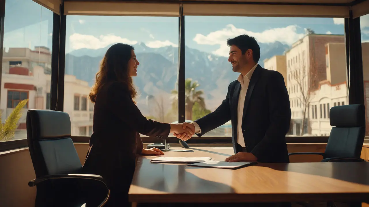 Agentes inmobiliarios estrechando manos en oficina con vista a los Andes