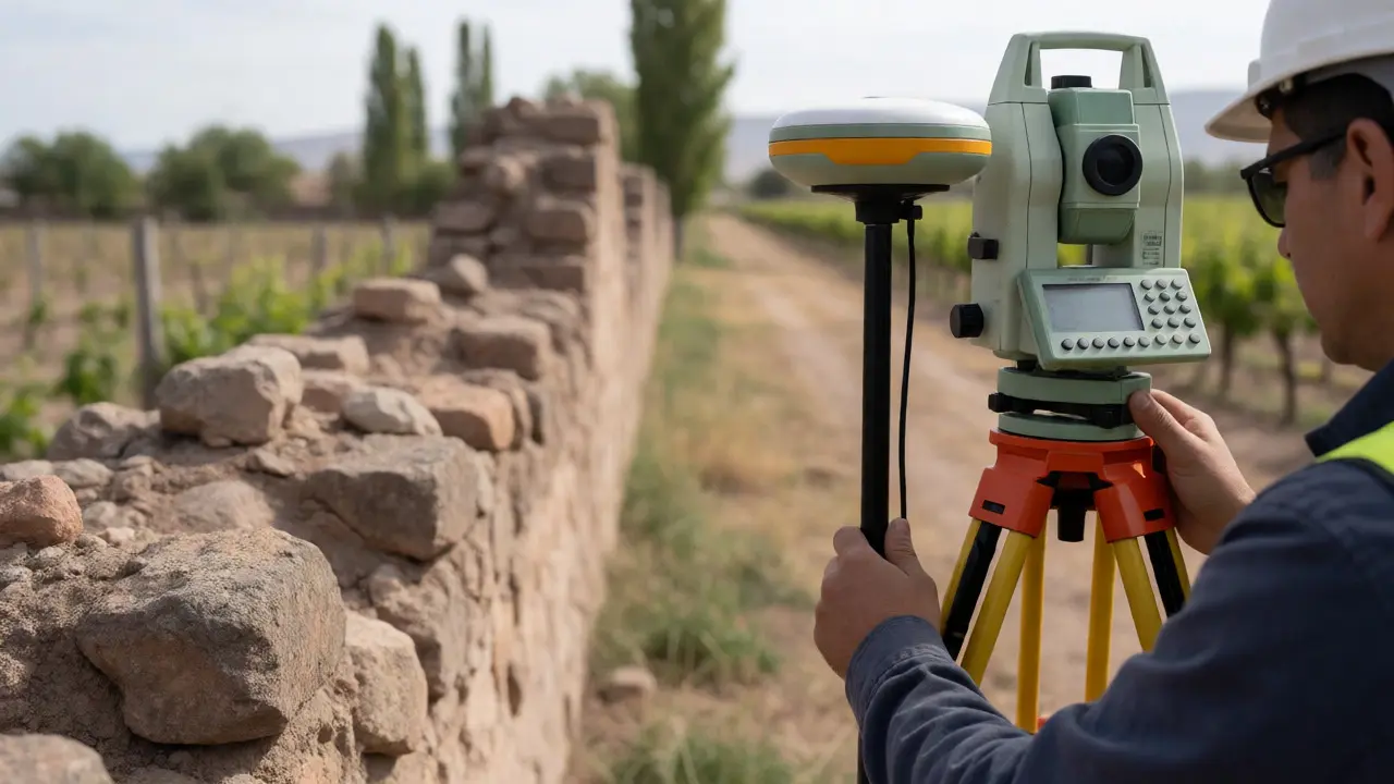 Agrimensor usando equipo GPS moderno junto a muro histórico en campo de Mendoza.