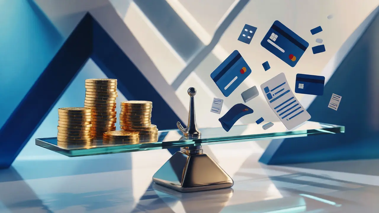 Balanza conceptual equilibrando ahorros y deudas para ilustrar salud financiera sólida.