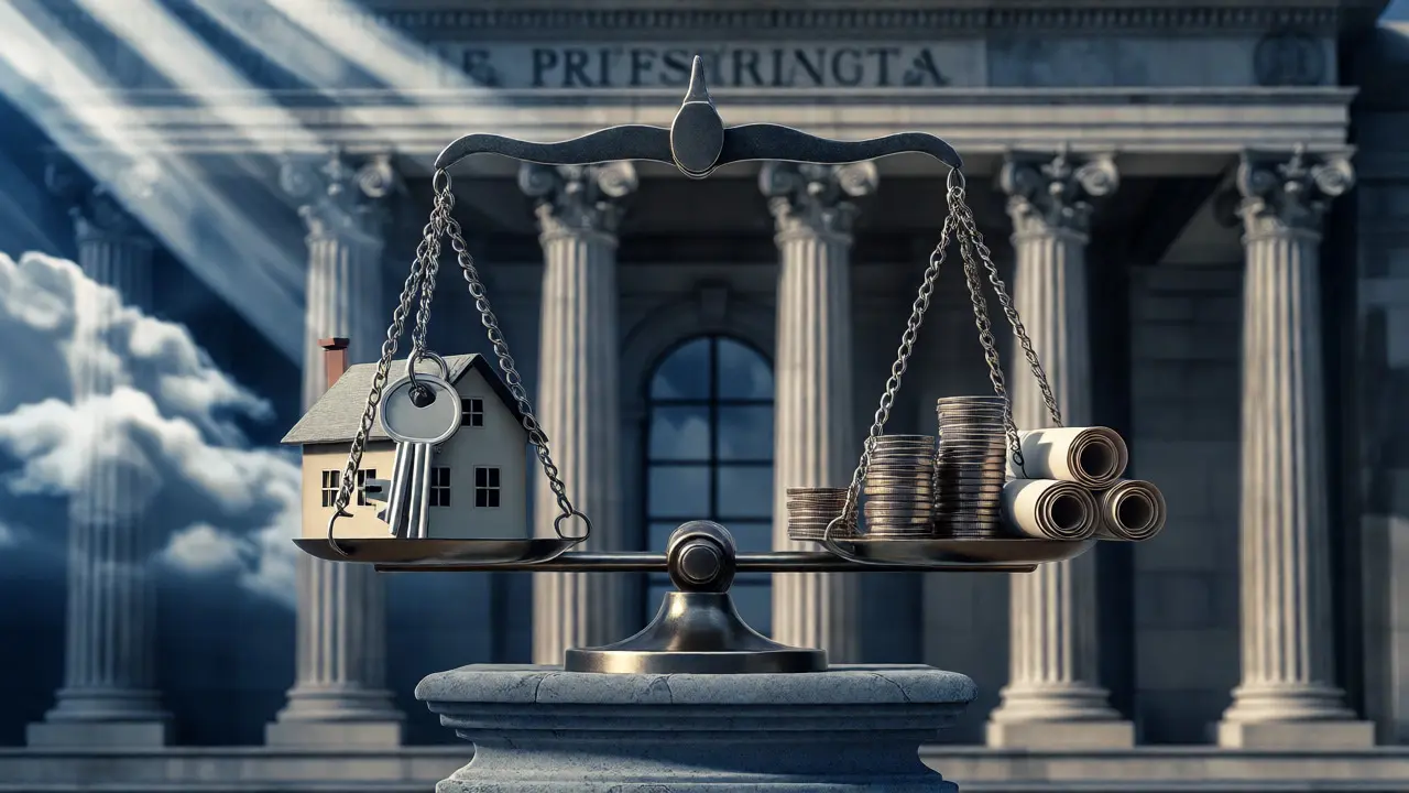 Balanza equilibrando llaves de casa contra monedas y rollos de papeles