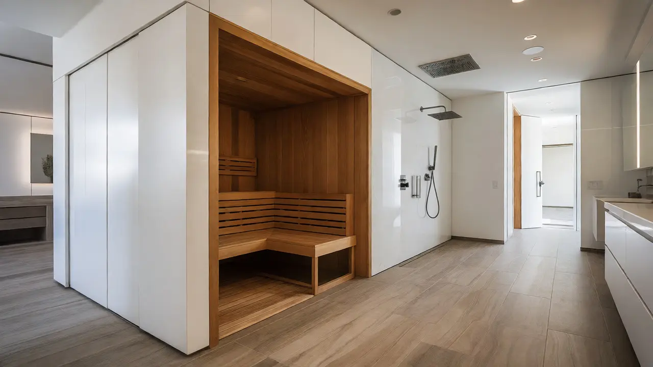 Baño principal con sauna de madera incrustada en armario y ducha fría adyacente.