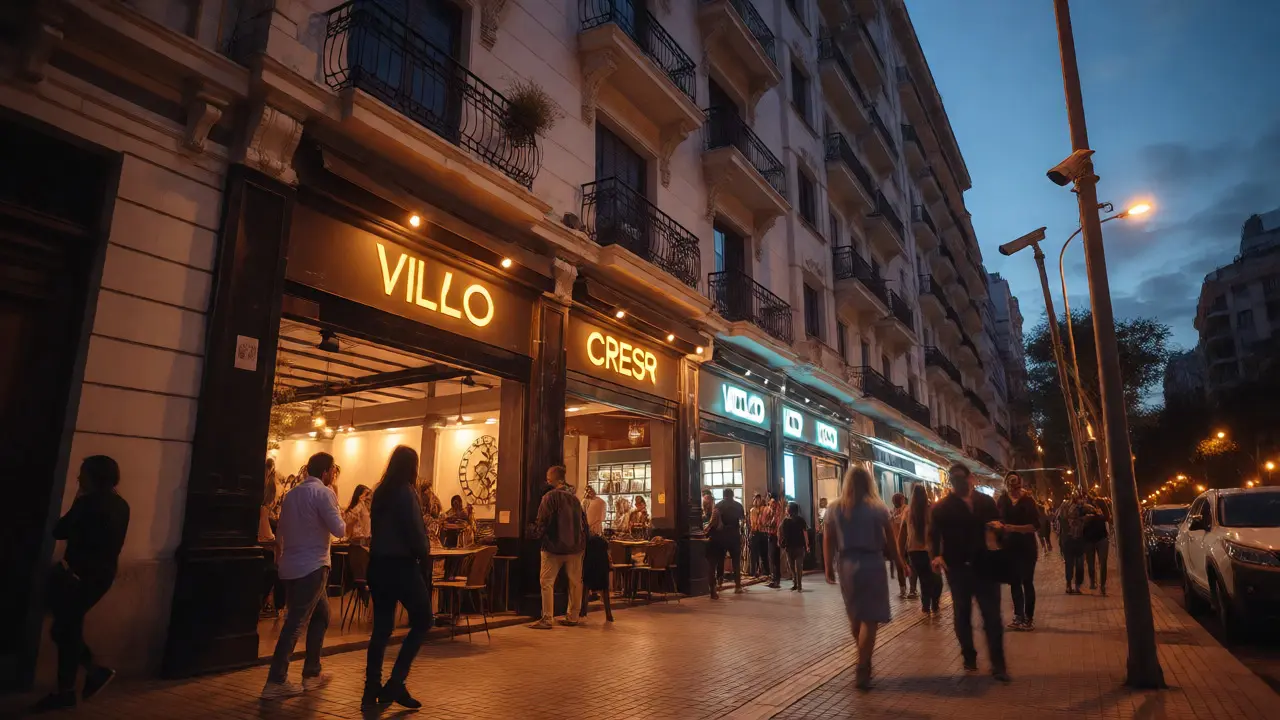 Calle de Villa Crespo al anochecer con gente caminando, luces cálidas y cámaras de seguridad visibles.