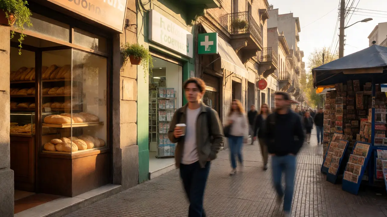 Caminante explorando un barrio con tiendas locales al sol.