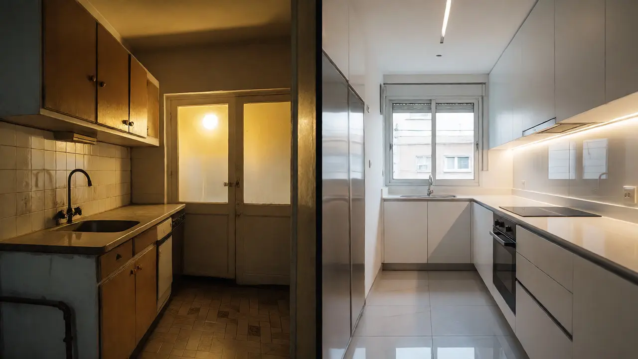 Comparación visual entre una cocina antigua desgastada y una cocina moderna minimalista bien iluminada.