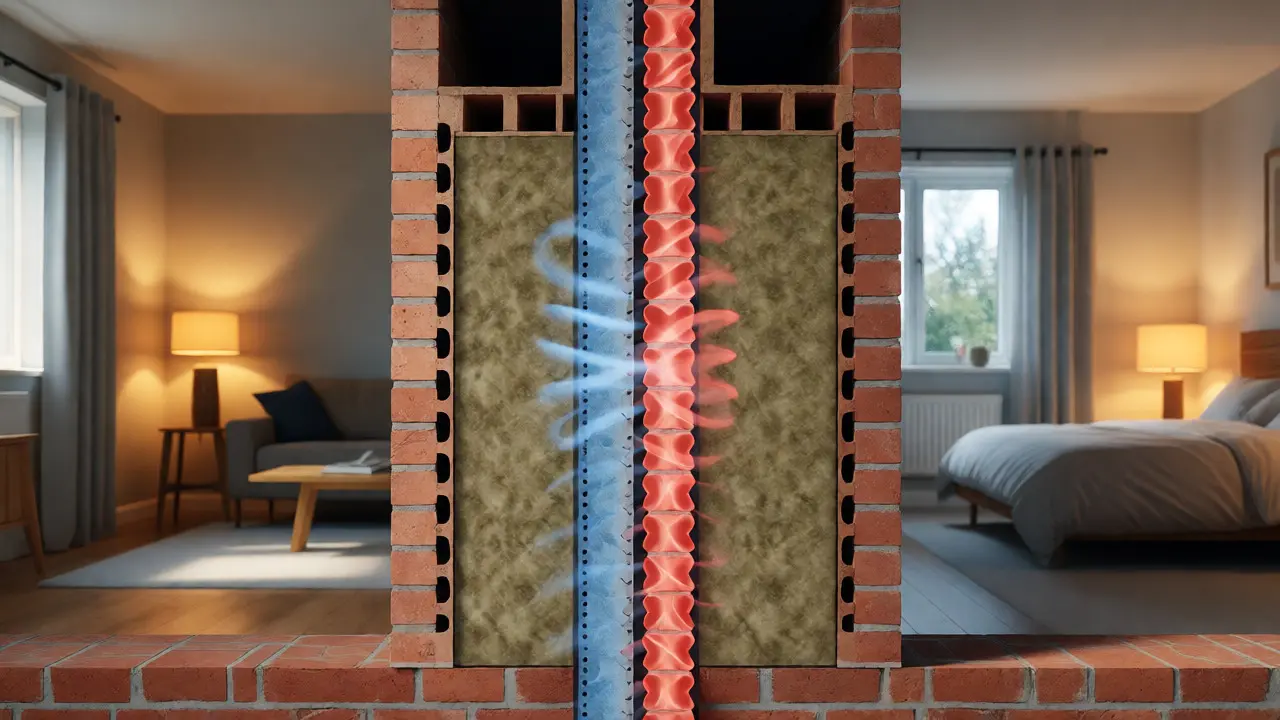 Corte transversal de la pared medianera mostrando capas de aislamiento térmico y acústico.