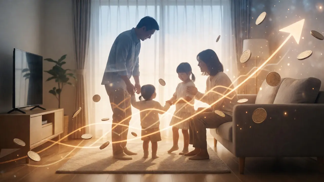 Doble exposición artística de una familia en su hogar con elementos abstractos de crecimiento financiero y estabilidad.