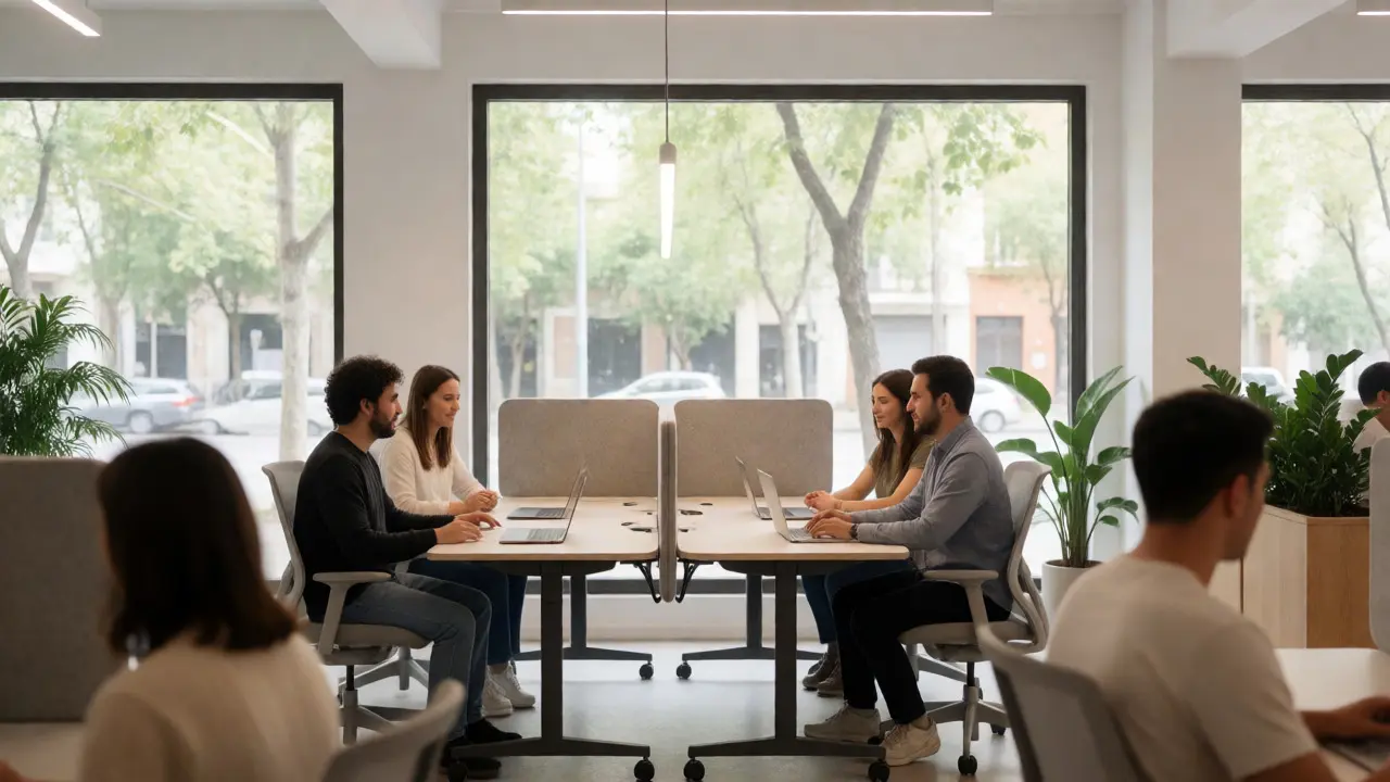 Espacio de trabajo híbrido moderno y colaborativo con diseño sostenible en Palermo.