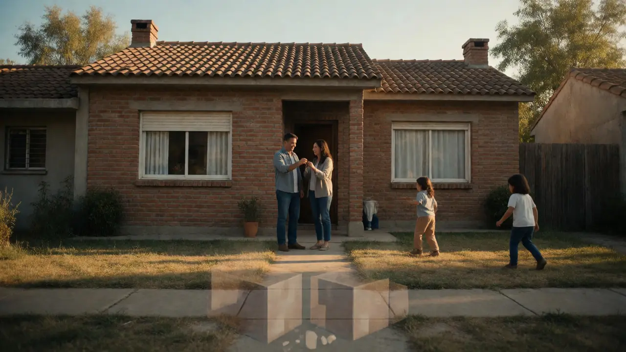 Familia feliz sosteniendo las llaves frente a su nueva casa en Argentina.