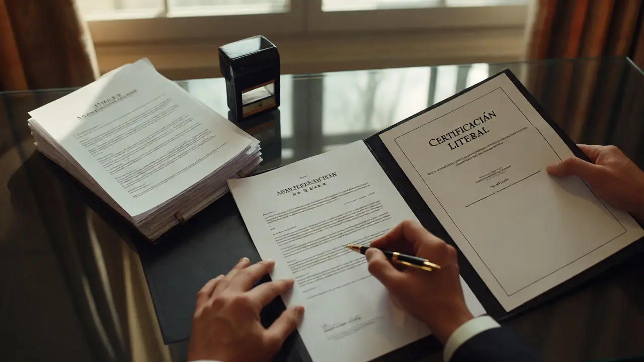 Firma de escritura notarial con documentos de certificación literal sobre el escritorio